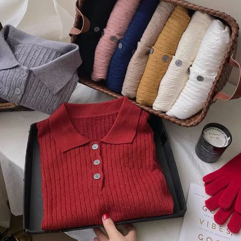 Cuties  ❤️ เสื้อโปโลแขนยาวไหมพรม เสื้อแขนยาว คอปก  ผ้าเนียนนุ่มใส่สบาย knit polo สไตล์บอททอม สําหรับผู้หญิง มี9สี 88044