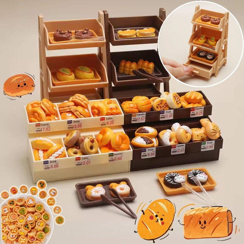 ของเล่นตู้เบเกอรี่จิ๋ว ดตู้แสดงขนมปังของเล่น อาหารเหมือนจริง อาหารของเล่น ชั้นวาง ชั้นวางพร้อมขนมปัง
