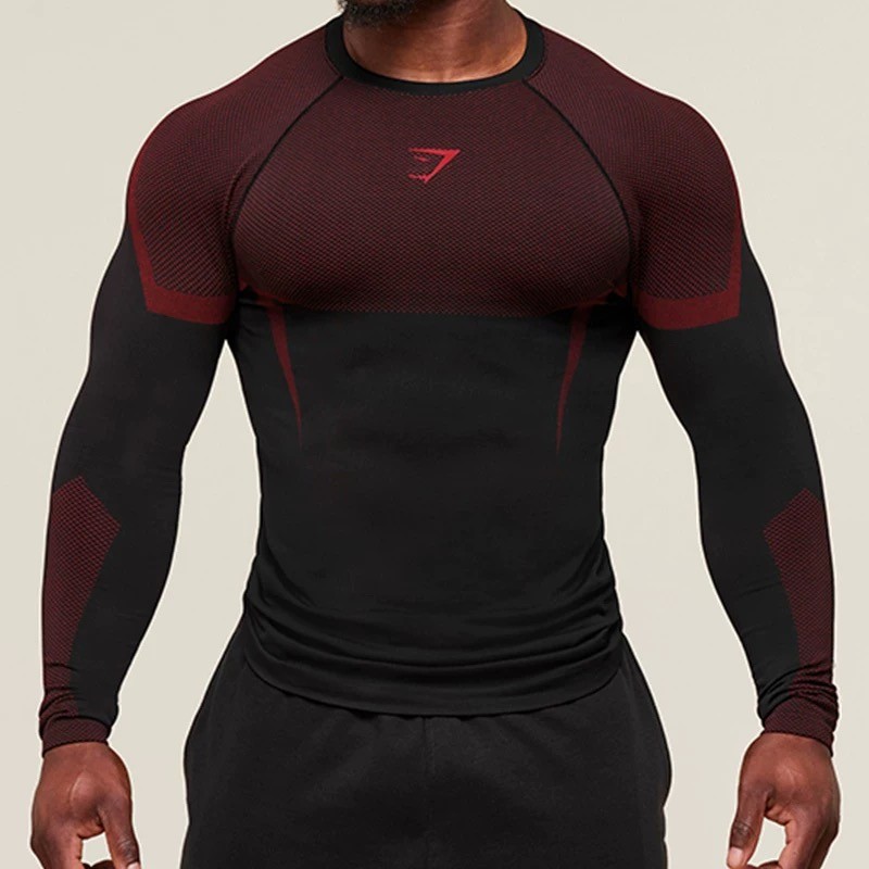 GYMSHARK ONYX5.0 Shark Seamless Mens Quick-Drying Top Tights กีฬาฟิตเนสยืดแขนยาว