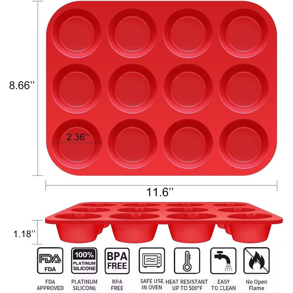 12 Cups Silicone Muffin Pan, 2 Pack Non-Stick Cupcake Pans Silicone Muffin Tray Baking Pan for Makin