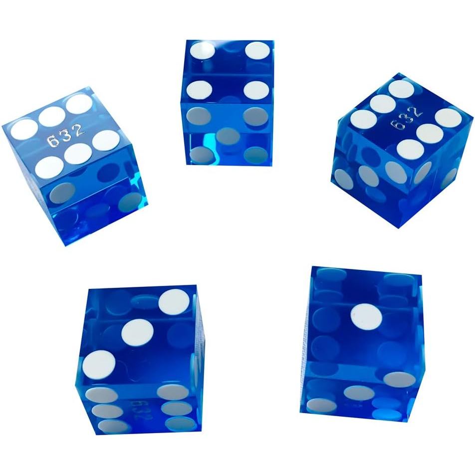 Yuanhe Set of 5 Grade AAA Precision 19mm Serialized Casino dice with Razor Edges and Corners - Blue 