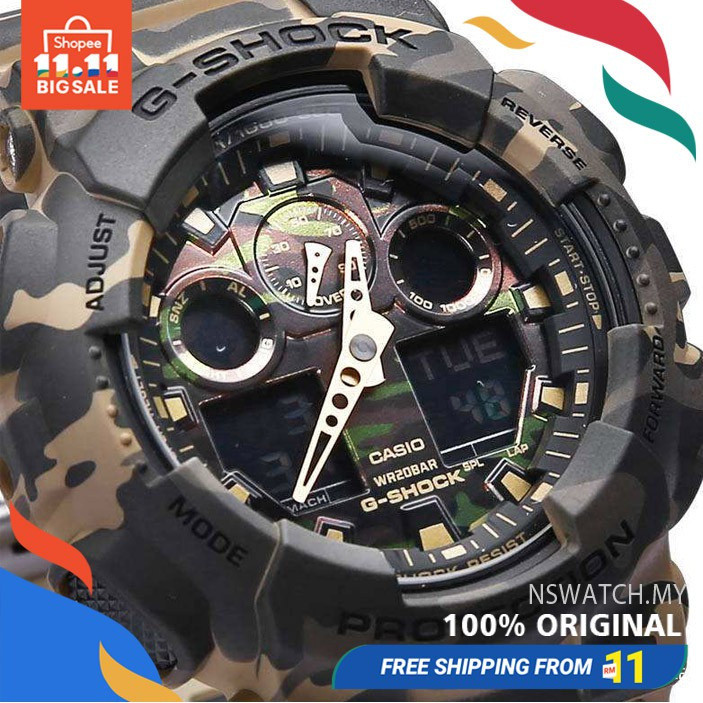 KK G-SHOCK GA-100 Army Green Camouflage กีฬานาฬิกาผู้ชายกีฬานาฬิกา 100 ซม.-5A กันน้ํา w893