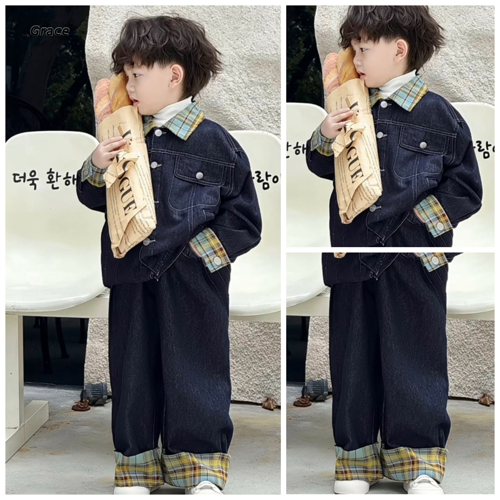 [Grace] ชุดสูทเด็กหนุ่ม สีฟ้าเข้ม ลายตารางดีนิม พร้อมเสื้อและกางเกงยีนส์ รุ่นใหม่ GRL483