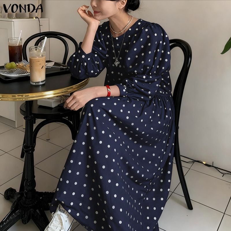 VONDA ชุดเดรสคอกลมแขนพัฟลายจุดสไตล์เกาหลีสําหรับผู้หญิง — صورة 6