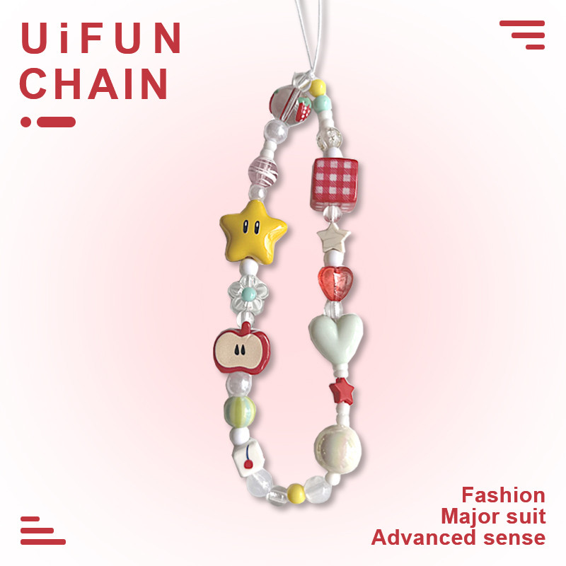 แฟชั่น Red Apple Star Checkered Square Love Heart Handmade Beaded โทรศัพท์ Lanyard จี้กล้อง Universal Mobile Chain Anti-Lost พวงกุญแจอุปกรณ์ตกแต่ง