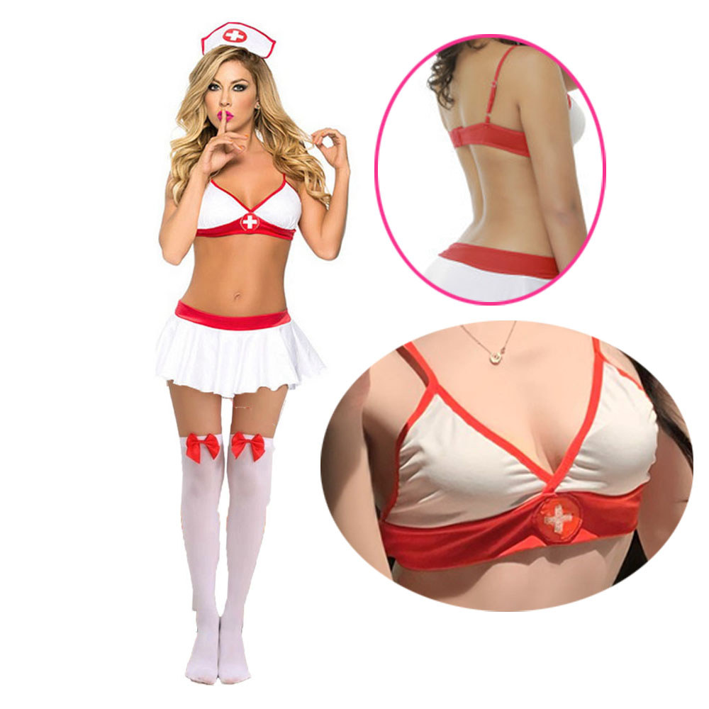 SX Nurse Roleplay Lingerie Set - Adjustable Crisscross Cap Bow Miniskirt High Knee Stocking Cosplay 