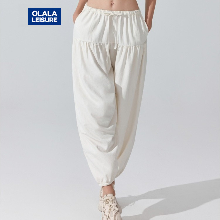 กางเกงลำลองแฟชั่น OLILA สายรัดเอวแบบยืดหยุ่นและเชือกรองรัด สำหรับการออกกำลังกาย fitness โยคะ กางเกงขายาว