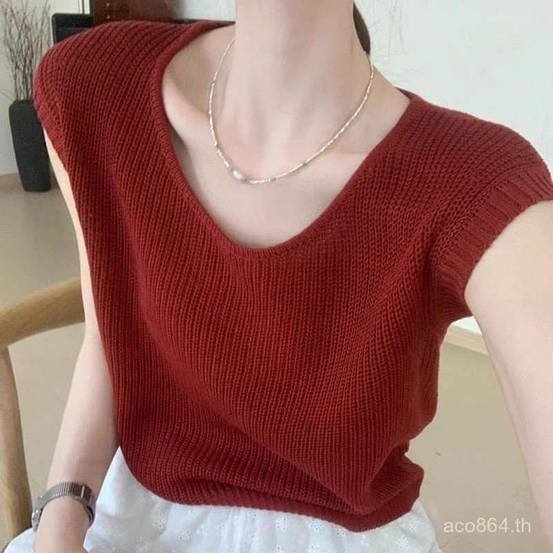 ผ้าลินิน u-คอสีแดงฤดูร้อนภาษาฝรั่งเศสคําเสื้อกันหนาวผ้าไหมน้ําแข็งเสื้อกั๊ก Classy Hollow All-Match 