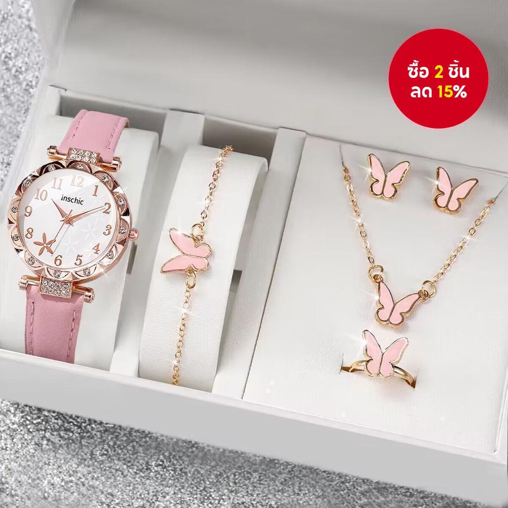 แฟชั่นดอกไม้ผู้หญิงนาฬิกาสายหนังลําลองควอตซ์ไทม์พีชเครื่องประดับชุดของขวัญ