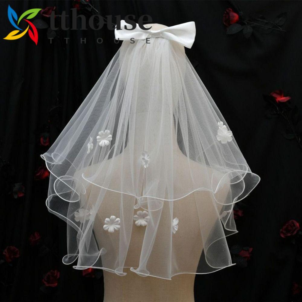 TTHOUSE Marry Veil, Bow Flower Bride Veil, Wedding Double Layer Ribbon Wedding Gauze Girl