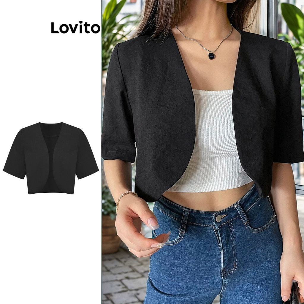 Lovito เสื้อเบลเซอร์ลําลองเสื้อเชิ้ตพื้นฐานครอปธรรมดาสําหรับผู้หญิง L74ED070