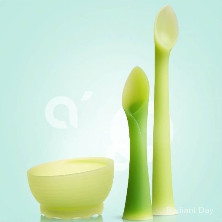 Olababy ชามทําอาหารเด็กซิลิโคน Green Sprout ช้อนยาว Feeding ช้อนสั้น Self-Food Training Table Spoon 