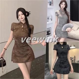 Veewink พร้อมส่งจากกทม เสื้อกระโปรงสไตล์จีน เดรสกี่เพ้า ดีไซน์ใหม่ ลายพิมพ์ กระชับเอว ลูกไม้โบราณ ใส่หล่อเพรียว