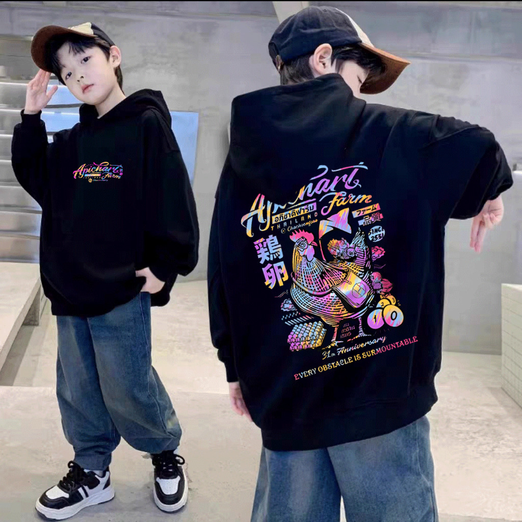 🍂【boxy hoodie】 เสื้อผ้าฝ้าย Apichat FarmTaeBanswn V2า เสื้อฮู้ดแขนยาวอภิชาติฟาร์ม kids hoodie 120-150 120-150CM