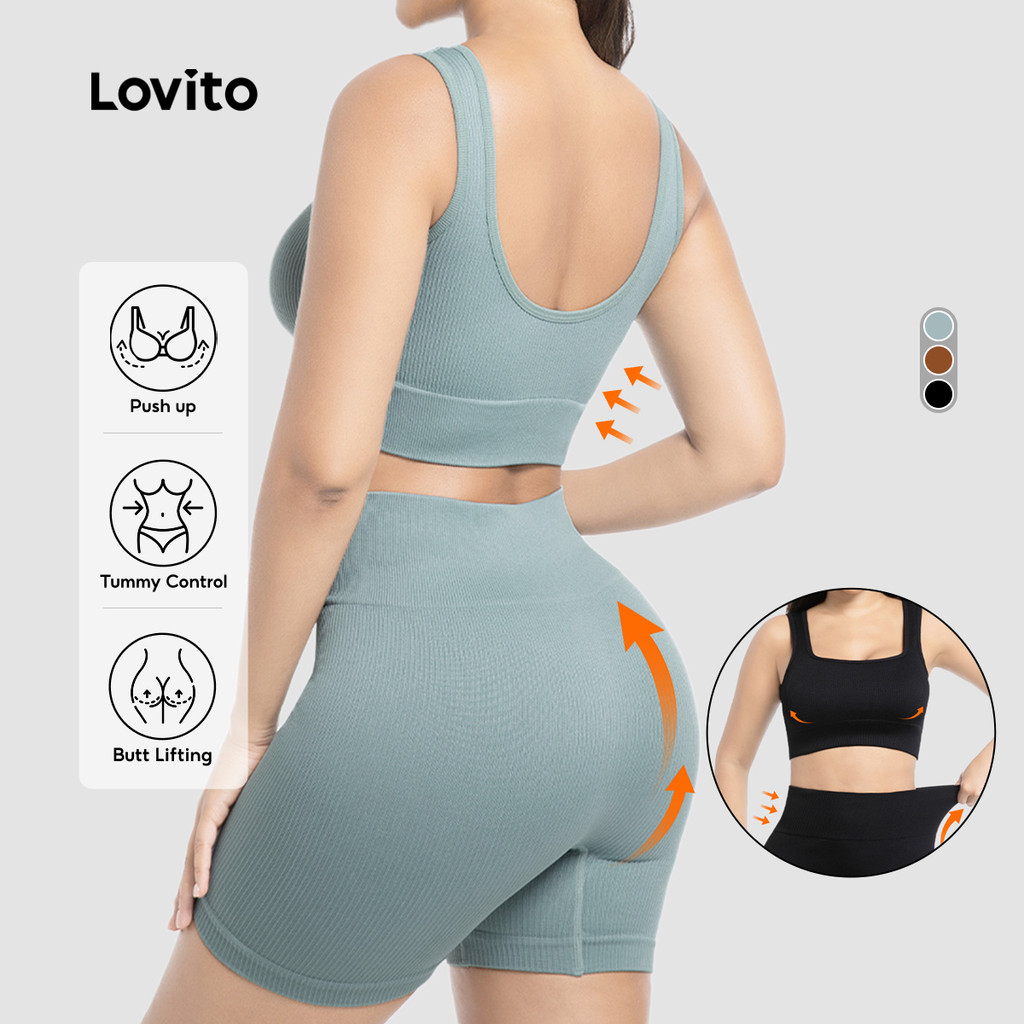 Lovito แคชชวล ชุดกีฬา วิดพื้น ยกก้น โยคะ เทิร์โน เตรียมไว้ คามิ บราส์กีฬา และชุดหลังสูงอ่อนนุ่มสำหรับผู้หญิง LNE116X057