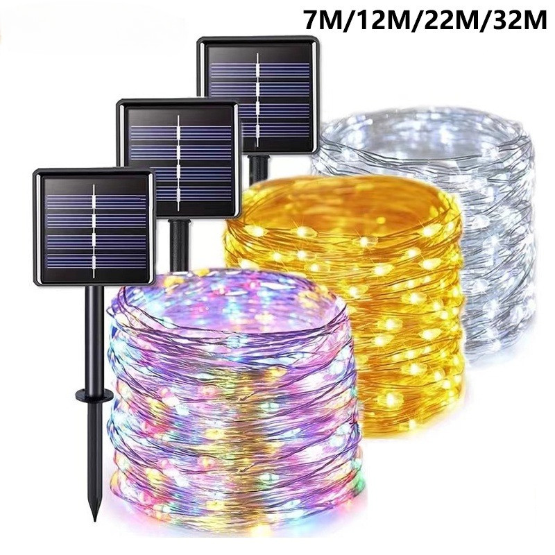 โคมไฟ LED ลวดทองแดง พลังงานแสงอาทิตย์ กันน้ํา 7 เมตร 12 เมตร 22 เมตร 32 เมตร 8 โหมด สําหรับตกแต่งสวน กลางแจ้ง