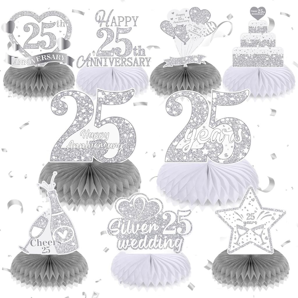 9Pcs 25th Wedding Anniversary Decorations 25th Silver Wedding Anniversary Honeycomb Centerpiece Silv
