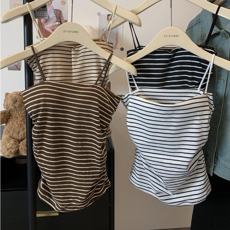 เสื้อกั๊กลายทางลําลองสําหรับผู้หญิงพร้อมแผ่นรองทรงสลิมฟิต Camisloe เด็กผู้หญิงสปาเก็ตตี้เสื้อกล้ามเปลือย Croptop