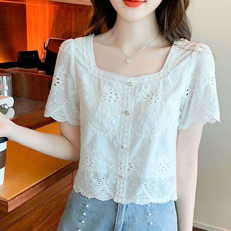 Dahong เสื้อเบลาส์แขนสั้น เสื้อลูกไม้ผู้หญิง สไตล์เกาหลี ชิค หวาน คอเหลี่ยม  99291