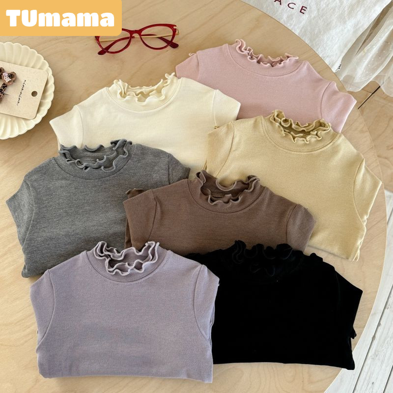 เสื้อยืดฤดูใบไม้ร่วงสำหรับเด็กผู้หญิง TUmama แบบ chic มีปกเร้าใจ เครื่องแต่งกายลำลอง