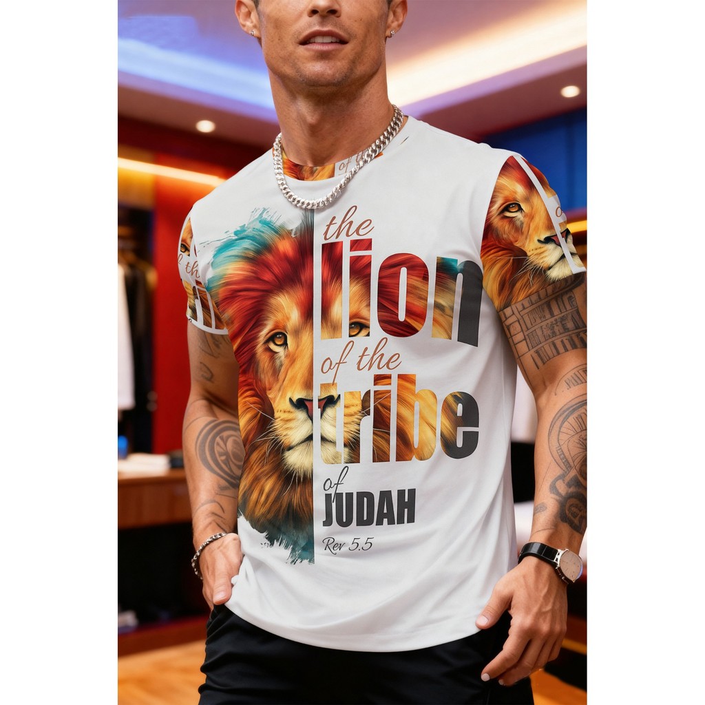 Mens The Lion of Judah 3D Print T-Shirt - Bold Lion of Judah Bible Verse (Psalm 23:1-2) Graphic Tee,