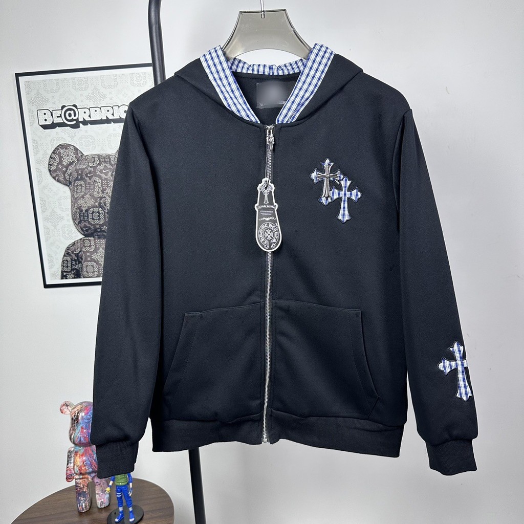 Z4OU Chrome Hearts 2025Autumn Winter New Cross Patch Leather Cross Hooded Zipper Jacket Unisex