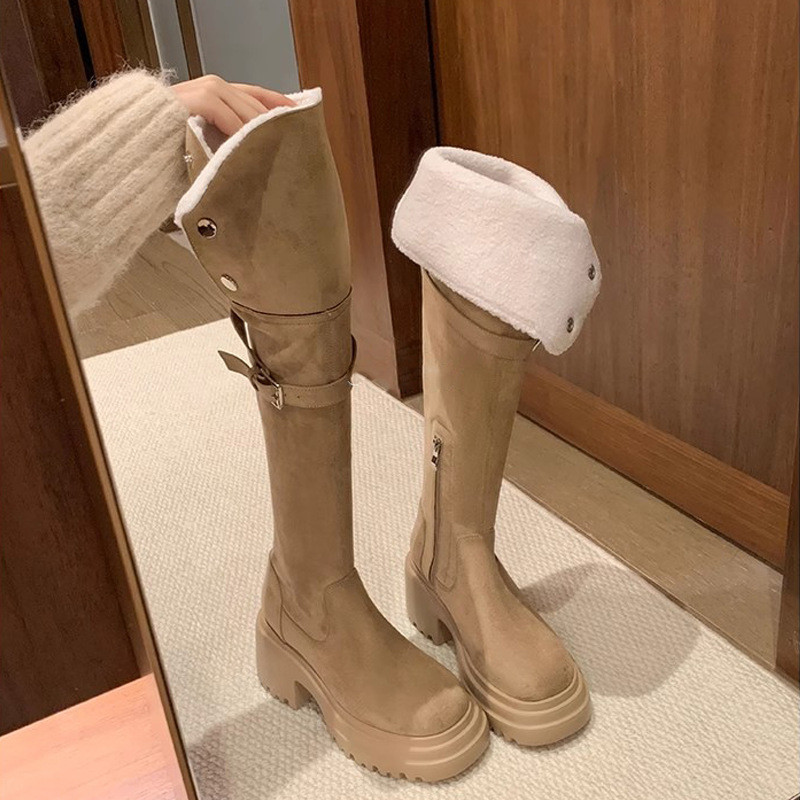 ~~ 8 ม. หนา-Soled Lamb Wool Heel Boots Over-the-Knee Thin Boots 25.12.4