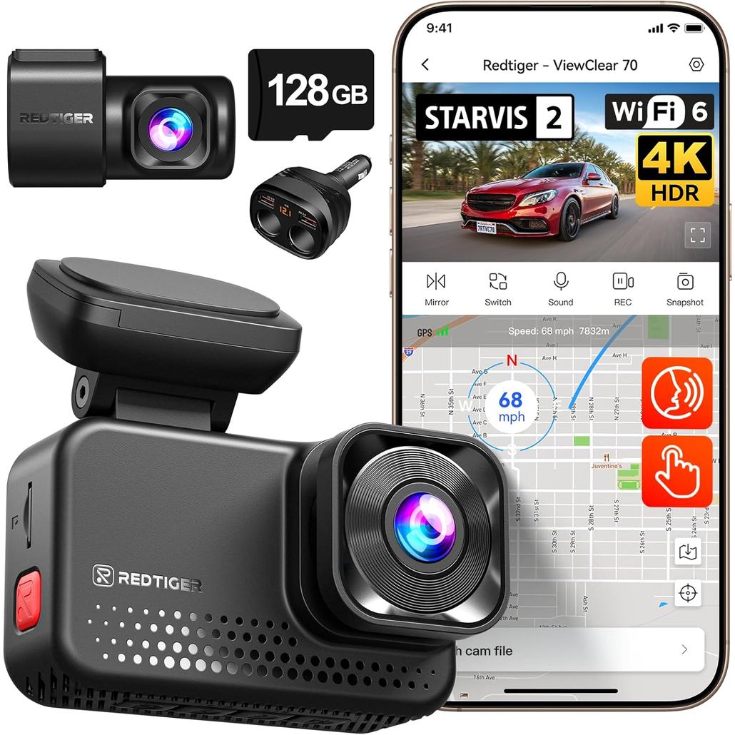 REDTIGER VC70 & 4 in 1 Car Charger Adapter, STARVIS 2 IMX678 x Wondrix Sensor, Dual HDR Hyper Night 