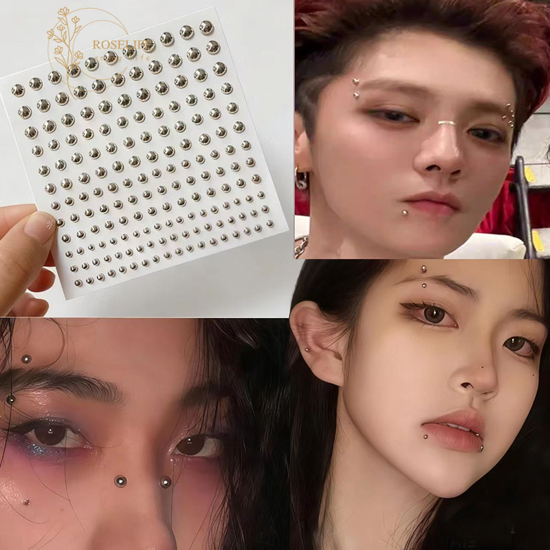 Roselife 1 แผ่น Punk Silver Round Ball Face สติกเกอร์สําหรับผู้หญิงผู้ชาย Self กาวแต่งหน้า Rhinestone สติกเกอร์ Face Jewels DIY Decor