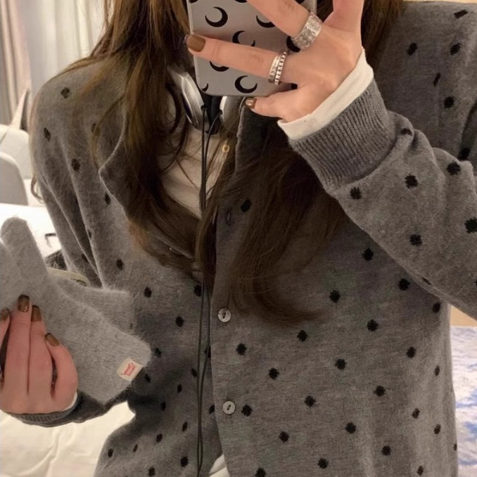 เสื้อคาร์ดิแกนถักลายจุดสไตล์เรโทรสำหรับผู้หญิง ทรงหลวม คอกลม ทรงครอป เหมาะสำหรับฤดูใบไม้ร่วง#88040 - รูปที่ 3