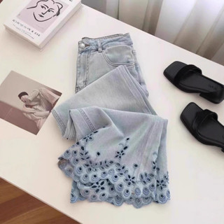 กางเกงยีนส์ขาบานสีน้ำเงิน ลายปักลายฉลุ สไตล์สตรีทอเมริกัน โห…