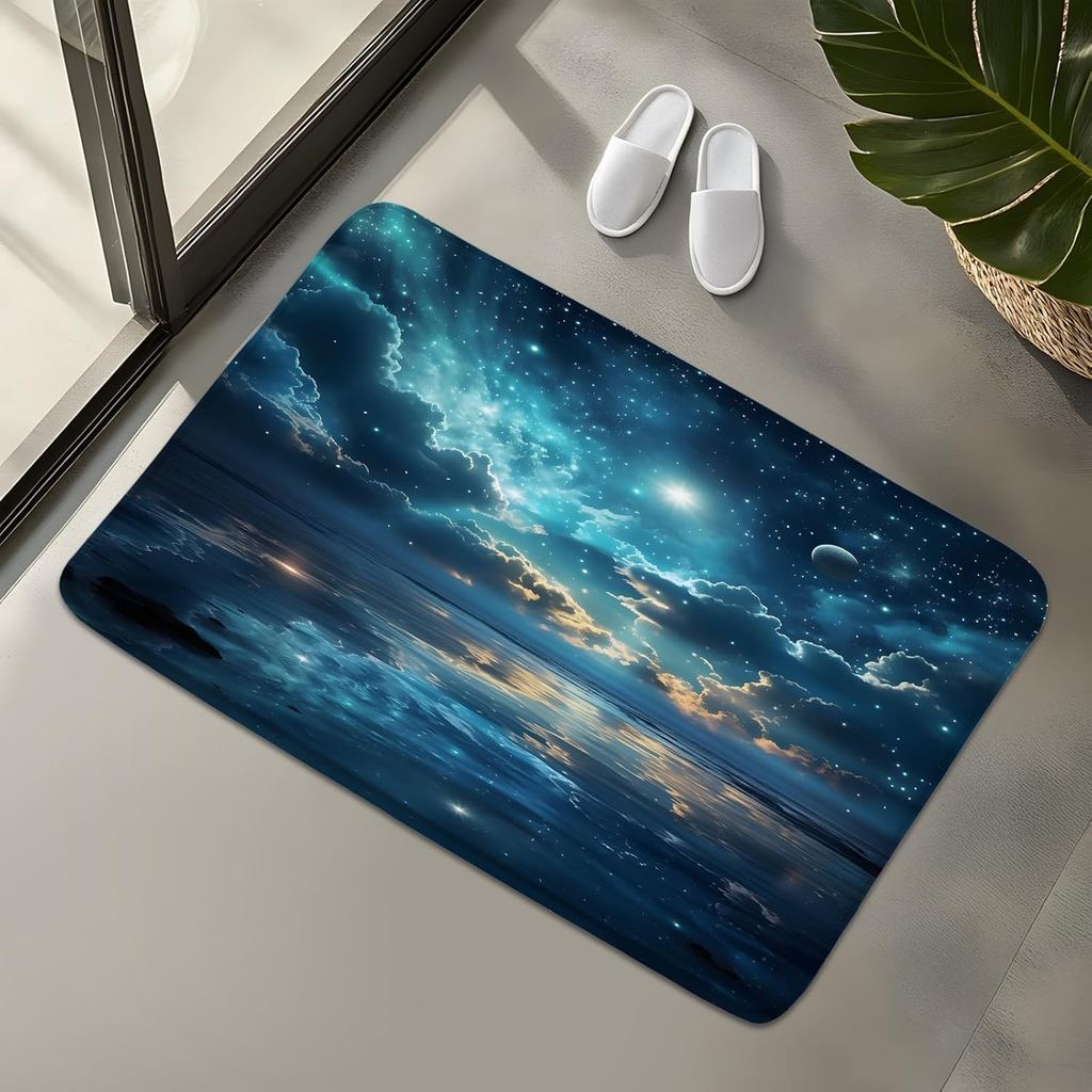 Blue Ocean พรมอาบน้ําแฟนตาซี Night Sky Clouds ดาวสีน้ําเงินเข้มธรรมชาติ Seascape Nautical Moon Sea W