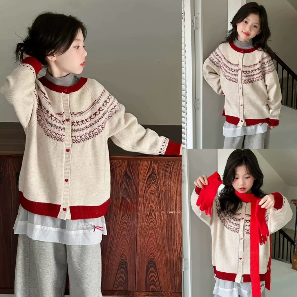 PRETTY BABY เสื้อคริสต์มาสเด็ก เสื้อกันหนาวไหมพรม เสื้อคลุมเด็ก  กระดุมหัวใจ(1921)