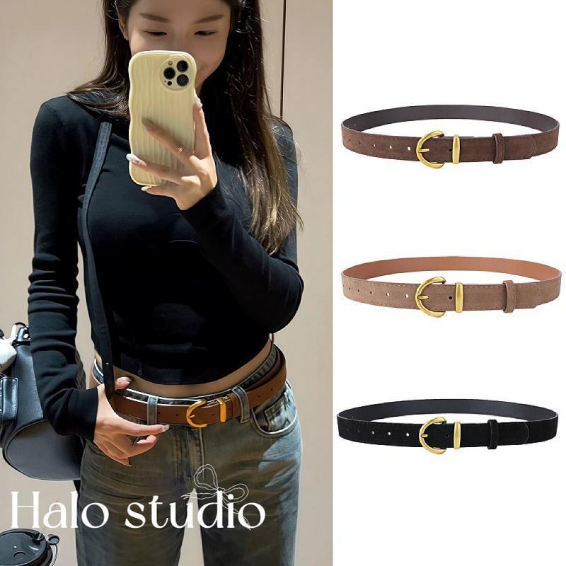 Halo studio พร้อมส่ง🔥เข็มขัดหนังกลับสไตล์เกาหลี สีน้ำตาลเข้ม เหมาะกับยีนส์สำหรับผู้หญิงในฤดูใบไม้ร่วง-หนาว