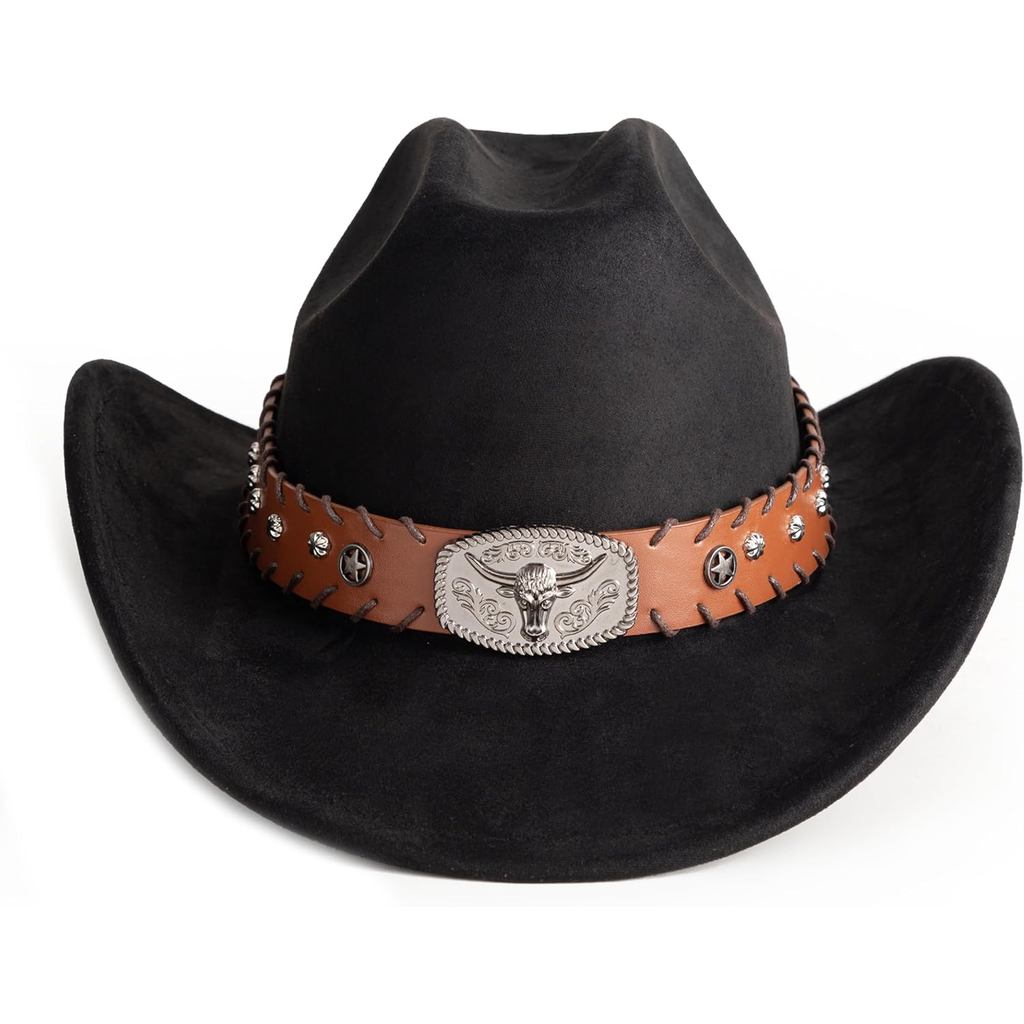 Cowboy Hats for Men Women Wide Brim Felt Hats with Cow Belt Buckle