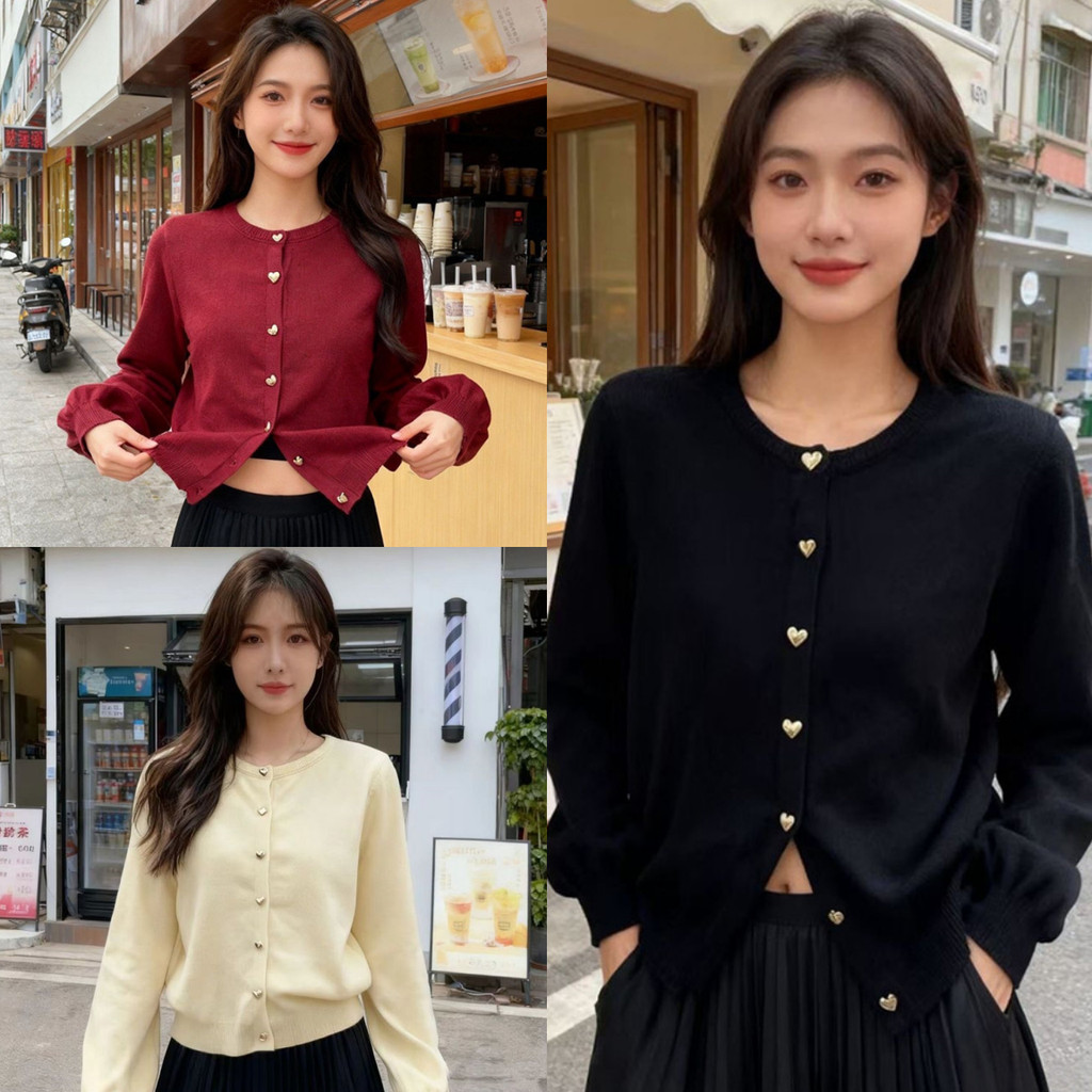 🎄Riley🎄เสื้อแขนยาว สีพื้น คอกลม ดีเทลกระดุมหัว เสื้อกันหนาวไหมพรม คาร์ดิแกน สไตล์เกาหลี แฟชั่น