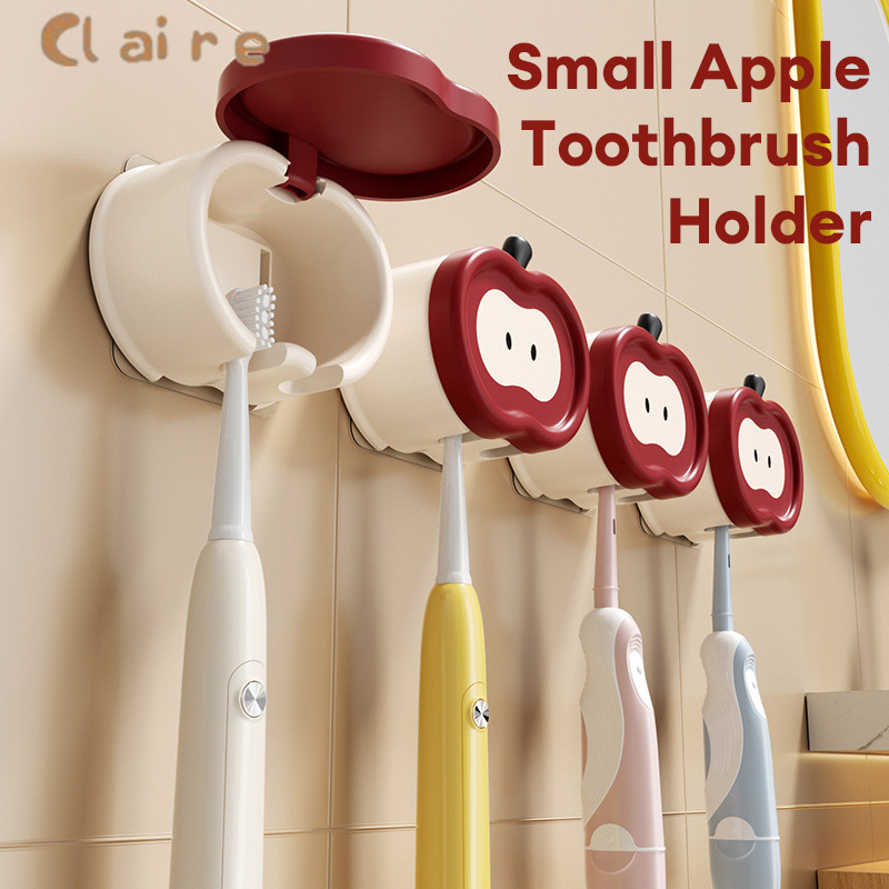 COD ที่วางแปรงสีฟันรูปแอปเปิ้ลคู่แปรงสีฟันไฟฟ้าชั้นวางซัพพลายห้องน้ําสําหรับครอบครัว ชั้นเก็บของติดผนังแบบไม่ต้องเจาะ