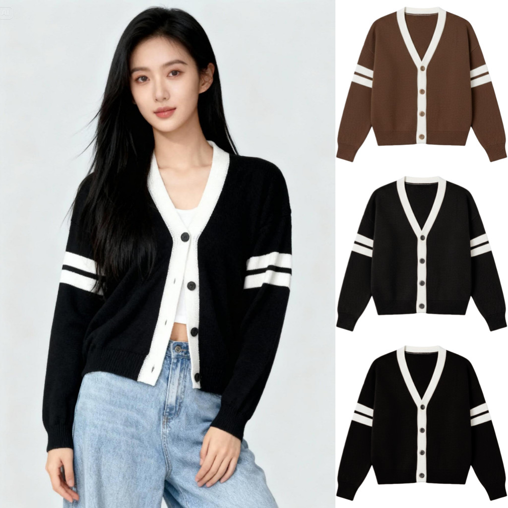 เสื้อกันหนาวไหมพรมแขนยาว แบบติดกระดุมทรงคอวี แขนแต่งเส้น เก๋ๆ ชิคๆ ผ้านุ่มนิ่ม ใส่สบายมาก งานยอดฮิต