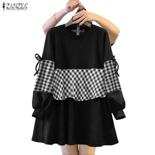 ZANZEA ผู้หญิงเกาหลี Girly หวานลูกเรือคอยาวแขนยาวลายสก๊อต Pa…