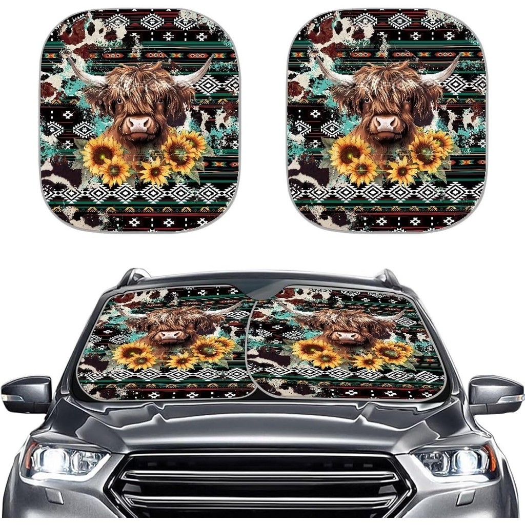 Wanyint Aztec Highland Cow Sunflower กระจกรถยนต์ Sun Shade สําหรับบล็อก UV Rays Sun Visor Protector,