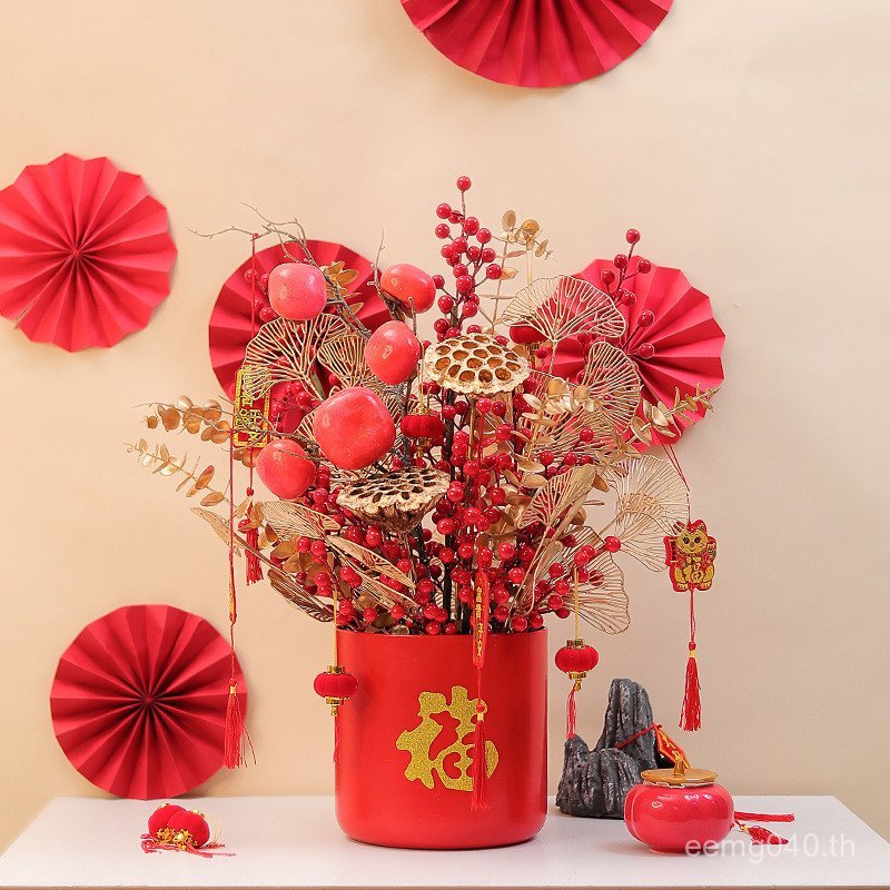 ตกแต่งพิธีขึ้นบ้านใหม่จําลองดอกไม้ผลไม้สีแดงตู้ทีวีตกแต่งปีใหม่ฤดูหนาวเยาวชนปลอมโกลเด้นข้าวหูฟอร์จูน