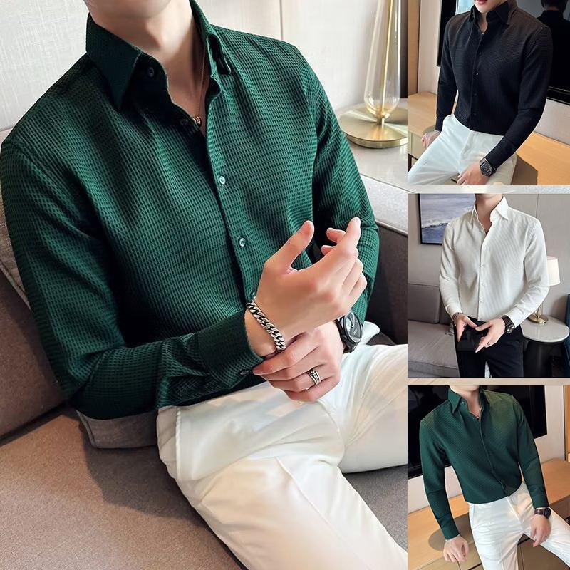 เสื้อเชิ้ตแขนยาวแบบโคเรียน ดีไซน์ปกวาฟเฟิล แจ็คเก็ตแฟชั่นสำหรับผู้ชาย มีหลากหลายสีให้เลือกเสื้อ【COD】