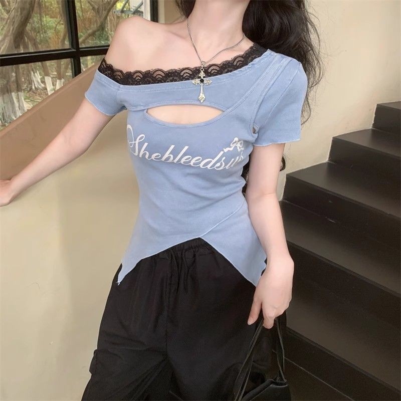 现货速发法式设计不规则斜领上衣辣妹抽褶T恤短款夏季修身显瘦短袖French Design Irregular Crossneck Top Hot Girl Drawdow QvWmTqIo7X1125