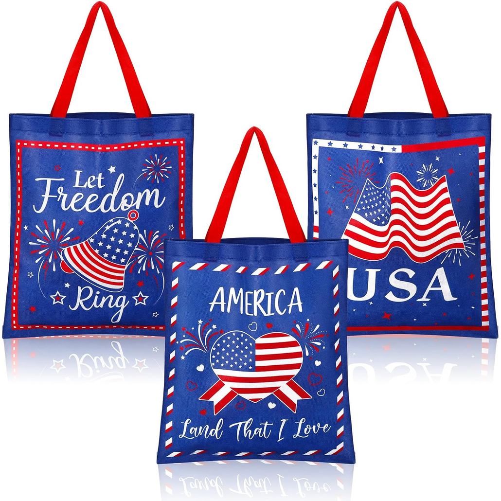 Hosuly 15 Pcs Veteran Day Tote Bags Patriotic 4th of July 15 x 17 Inch Extra Large Non Woven Bags wi