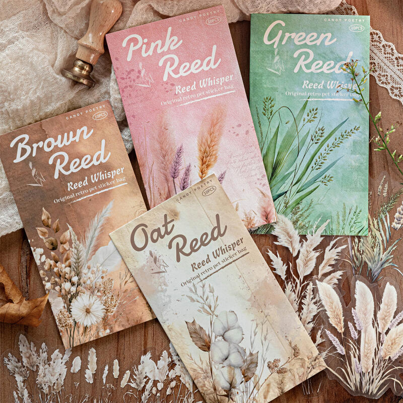 WEI 10 ชิ้น [Reed Whisper Series] สติกเกอร์ PET สีชมพู Dye Reed Chestnut Field Marsh Retro สไตล์ฉากตกแต่งภูมิทัศน์สําหรับ Scrapbooking Journal Planner เครื่องเขียน