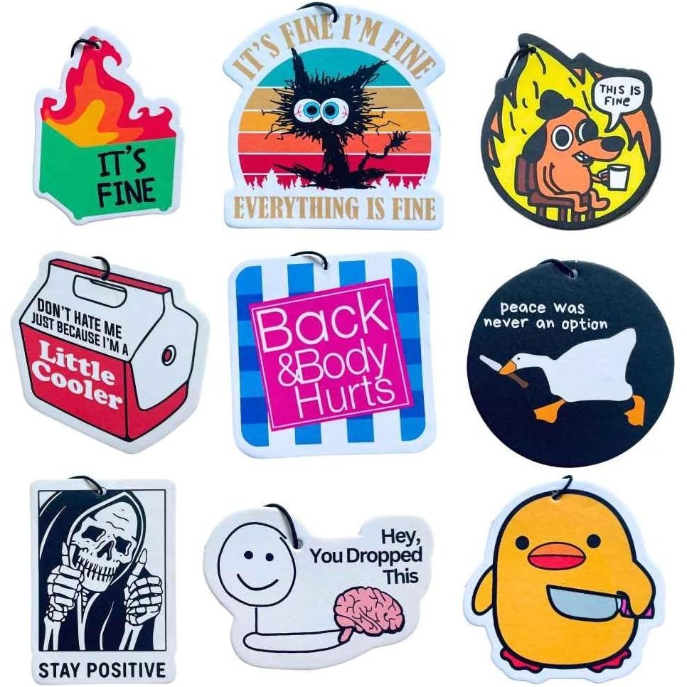 9PC ตลก Air Fresheners รถแขวนด้านหลังกระจกสนุกน่ารัก Gag Meme Cool ความแปลกใหม่ที่ไม่ซ้ํากัน Freshen