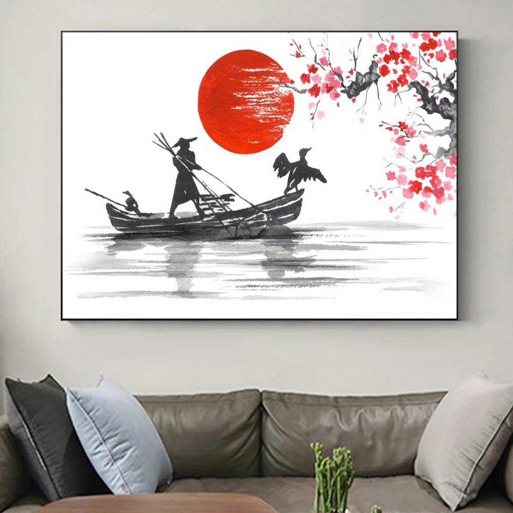 โปสเตอร์และพิมพ์ศิลปะ Sumi-e ของญี่ปุ่น, ภาพวาดเรือใบดวงจันทร์เลือดดั้งเดิม, เพิ่มสําหรับ 0717