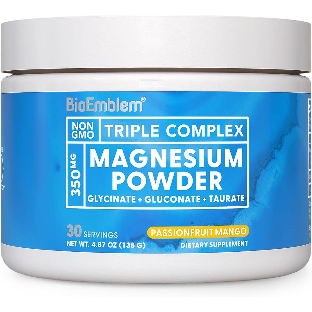 BioEmblem Triple Magnesium Powder Drink - 350mg High Absorption Magnesium Glycinate, Gluconate & GAB