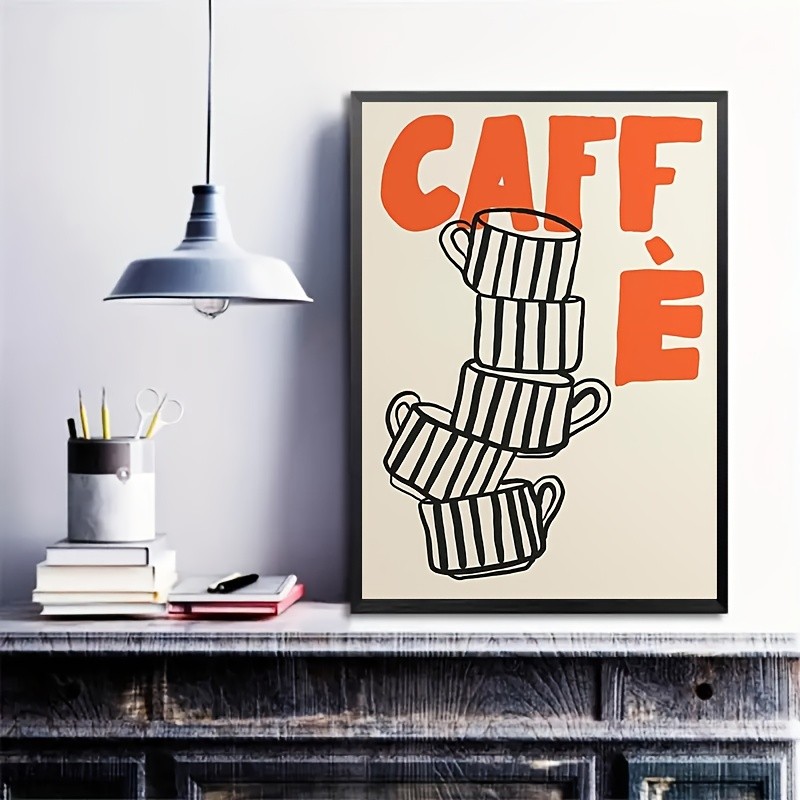 โปสเตอร์กาแฟอิตาลีย้อนยุค 1 ชิ้น - ถ้วยกาแฟมินิมอล & CAFÉ ตัวอักษรสีส้มและสีดํา - ห้องครัวทันสมัย, ห้องนั่งเล่น, ตกแต่งสํานักงาน - พิมพ์ศิลปะเอสเปรสโซ - พื้นหลังสีเบจพร้อม