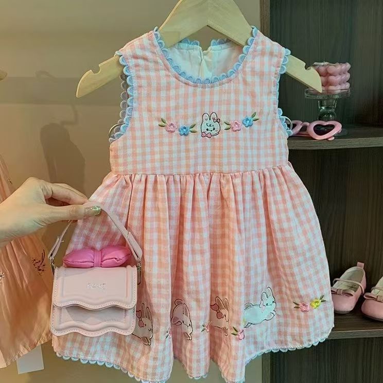 ชุดเจ้าหญิงสำหรับเด็กหญิงวัย 0-5 ปี ทำจากผ้าฝ้ายสำหรับฤดูร้อน สีชมพูกับลายสก๊อต